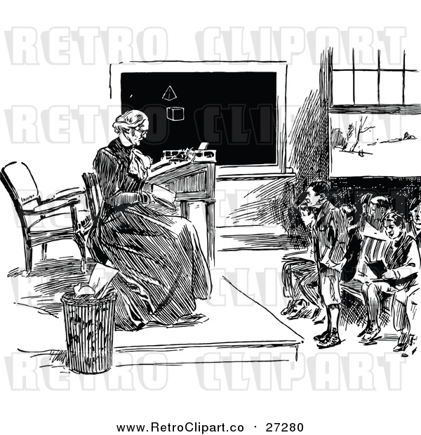 Vector Clip Art of a Female Retro Teacher with Students in Classroom