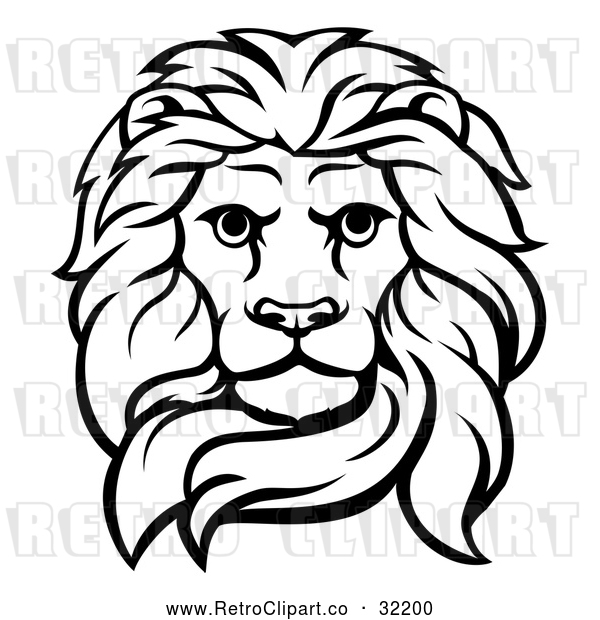 Vector Clip Art of a Fierce Retro Male Lion Head in Black Lineart