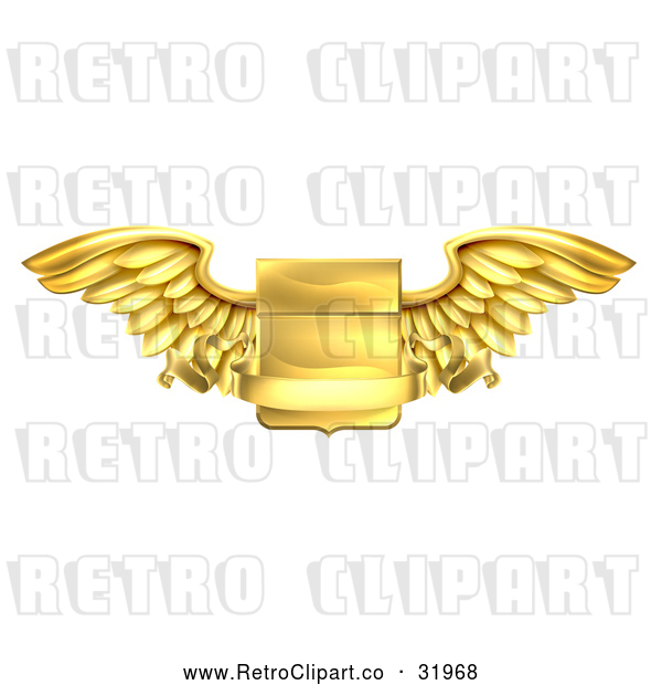Vector Clip Art of a Gold Retro Heraldic Winged Shield with Blank Banner Body Notice