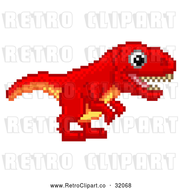Vector Clip Art of a Happy Pixelated Retro 8-Bit Tyrannosaurs Rex Dinosaur Determined to Walk Forward into an Old School Styled Video Game