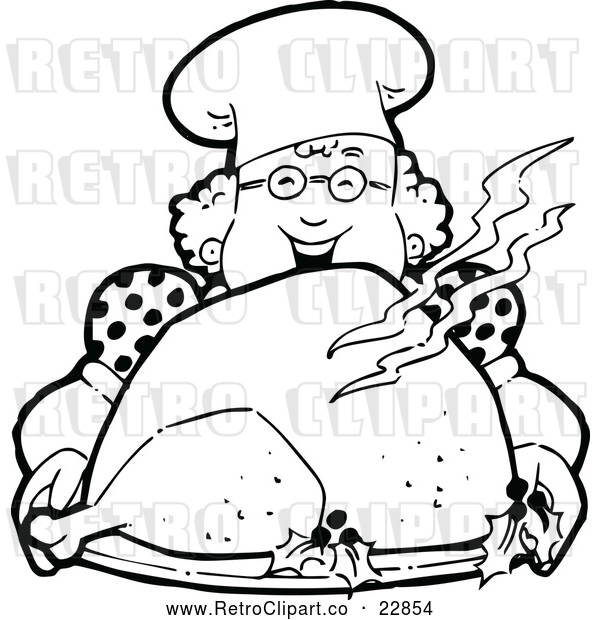 Vector Clip Art of a Happy Retro Chef Woman Holding a Roasted Turkey