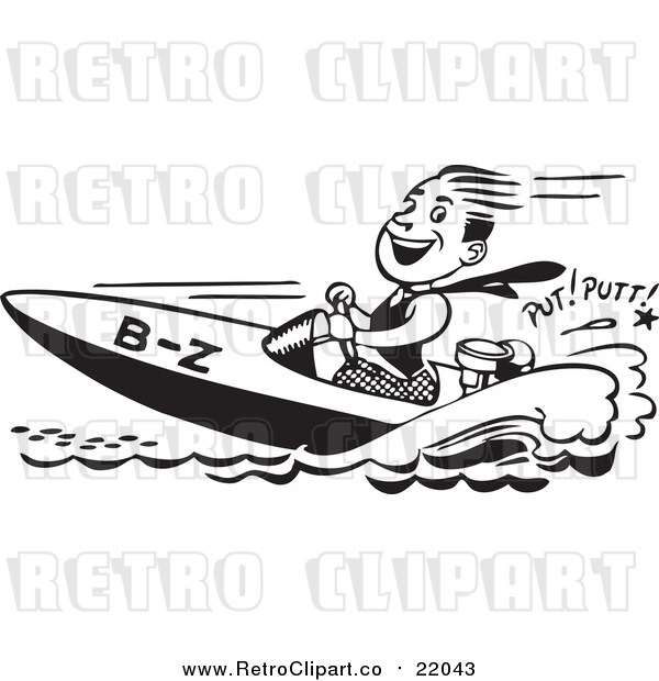 Vector Clip Art of a Happy Retro Man Driving a Speed Boat