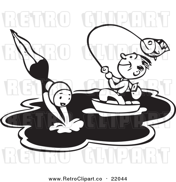 Vector Clip Art of a Happy Retro Man Fishing from a Boat While a Woman Dives into the Water