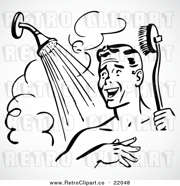 Vector Clip Art of a Happy Retro Man in a Hot Shower