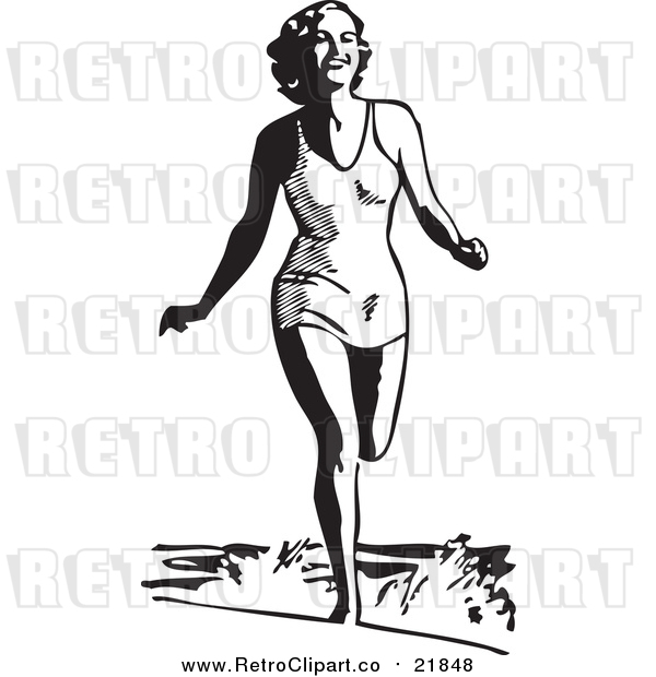 Vector Clip Art of a Happy Retro Woman Running at a Beach near Ocean Waves