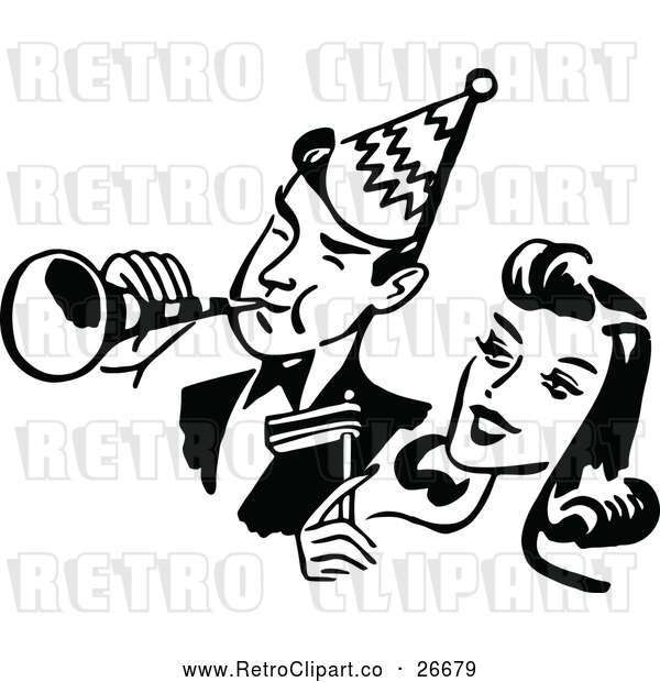 Vector Clip Art of a Happy Retro Young Man Woman Partying Together