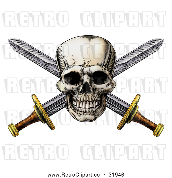 Vector Clip Art of a Hostile Retro Pirate Skull over Crossed Swords