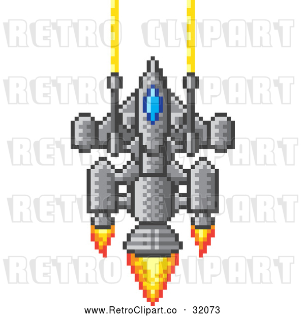 Vector Clip Art of a Pixelized Retro 8-Bit Spaceship Shooting Lazers with Flame Powered Jets