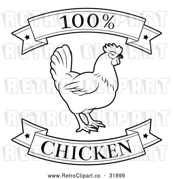 Vector Clip Art of a Retro '100 Percent Chicken' Food Banners with a Rooster in Black Lineart