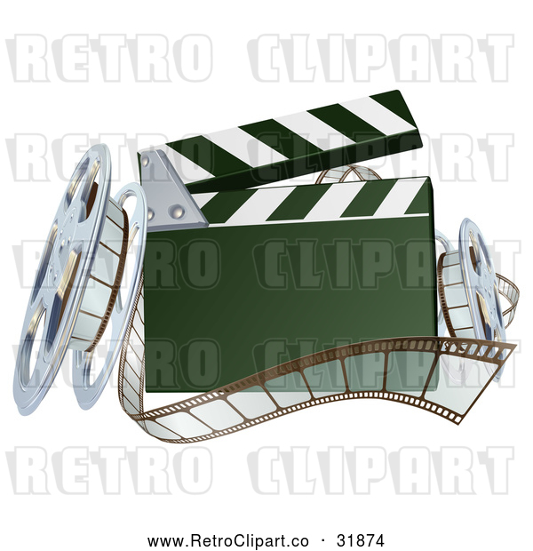 Vector Clip Art of a Retro 3d Clapper Board with Film Strips and Reels