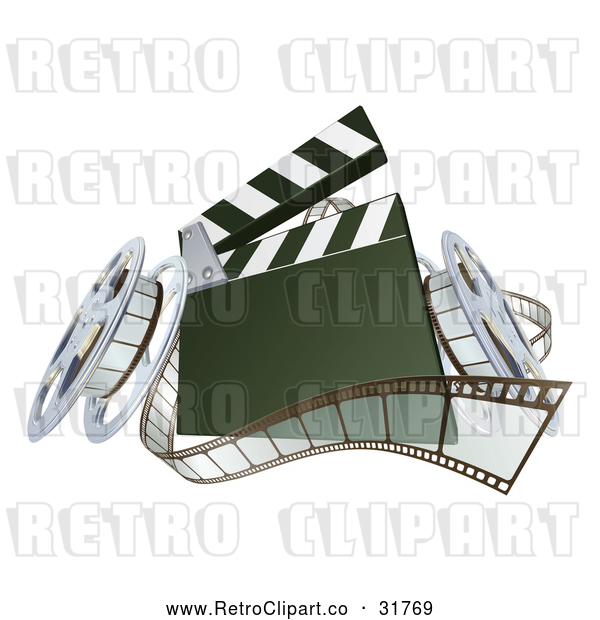Vector Clip Art of a Retro 3d Film Reels Next to a Clapper Board