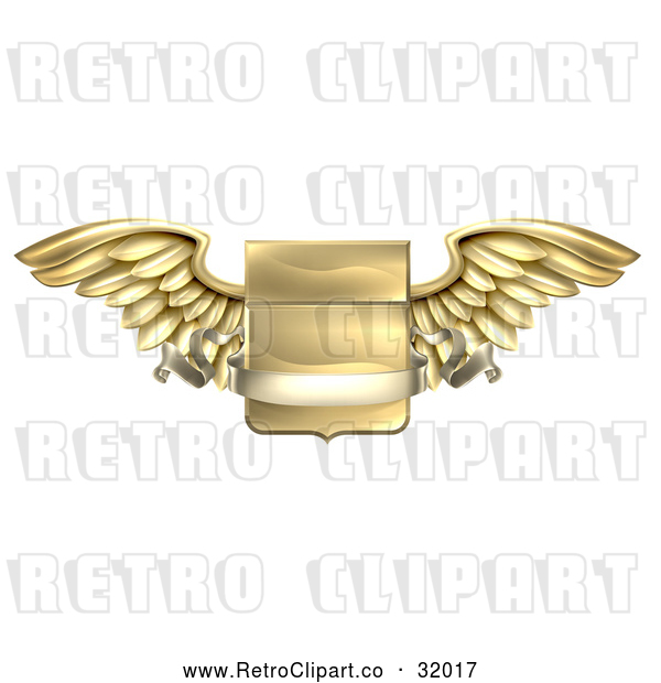 Vector Clip Art of a Retro 3d Gold Heraldic Winged Shield with a Blank Banner Ribbon