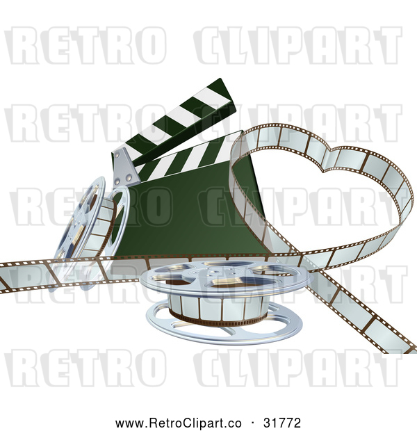 Vector Clip Art of a Retro 3d Movie Film Strip Forming a Love Heart Beside a Clapper and Reels