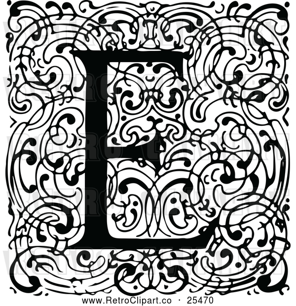 Vector Clip Art of a Retro Alphabet E Letter over Swirls
