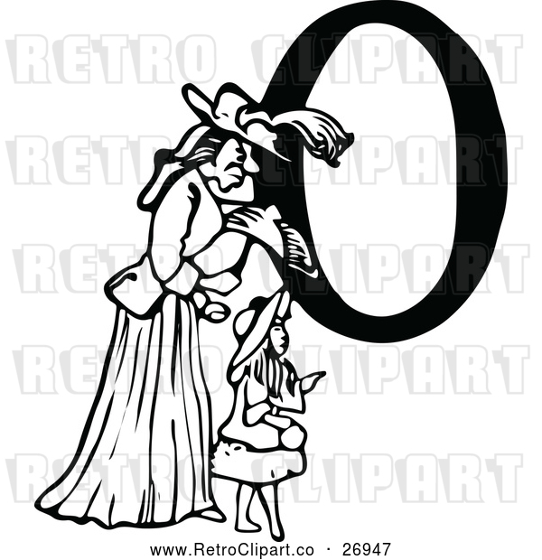 Vector Clip Art of a Retro Alphabet Letter 'O' Beside Mother and Daughter