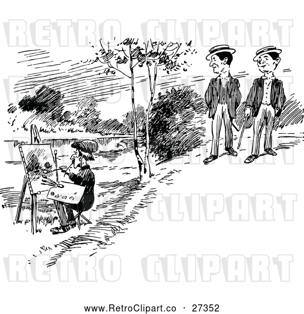 Vector Clip Art of a Retro Artist Painting a Landscape and Men Watching