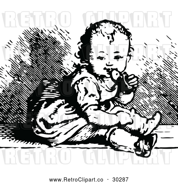 Vector Clip Art of a Retro Baby Chewing a Shoe