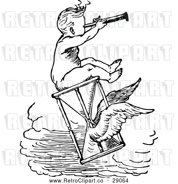 Vector Clip Art of a Retro Baby Using a Telescope While Flying on an Hourglass with Wings