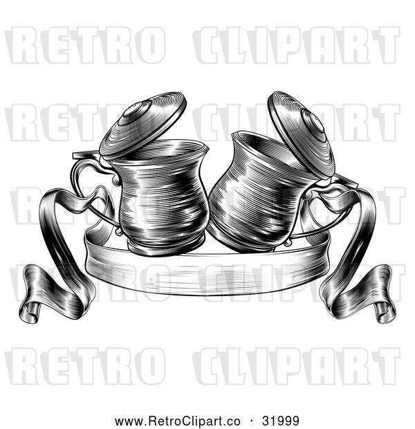 Vector Clip Art of a Retro Black and White Beer Steins Together in a Toast over a Ribbon Banner