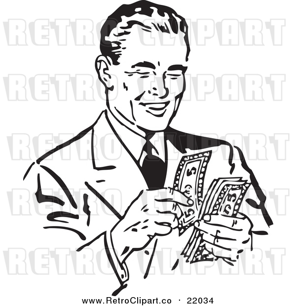Vector Clip Art of a Retro Black and White Businessman Counting His Cash