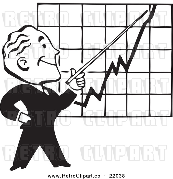 Vector Clip Art of a Retro Black and White Businessman Discussing a Chart