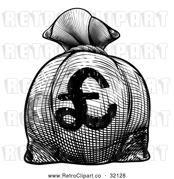 Vector Clip Art of a Retro Black and White Euro Burlap Money Bag Sack