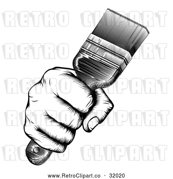 Vector Clip Art of a Retro Black and White Fist Hand Strongly Gripping a Paintbrush