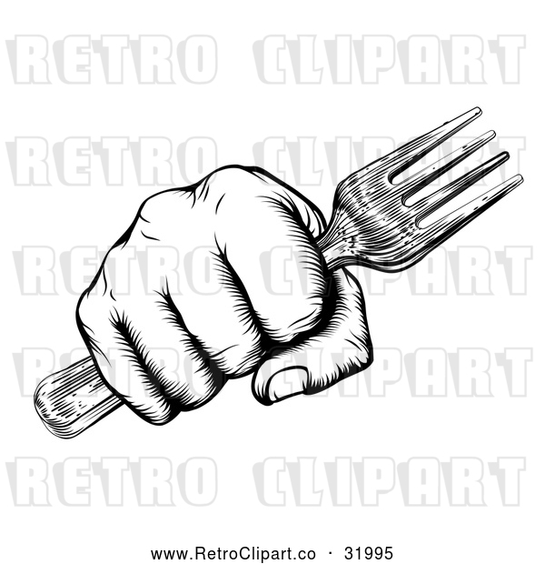 Vector Clip Art of a Retro Black and White Fisted Hand Holding a Fork