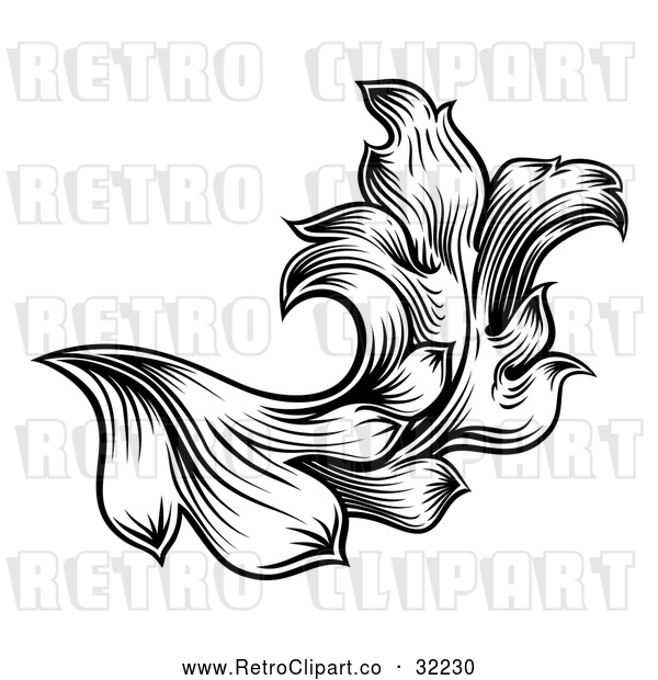 Vector Clip Art of a Retro Black and White Floral Leaf Design