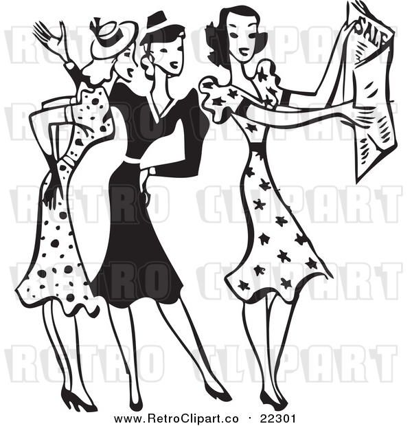 Vector Clip Art of a Retro Black and White Group of Women with Sale Ads