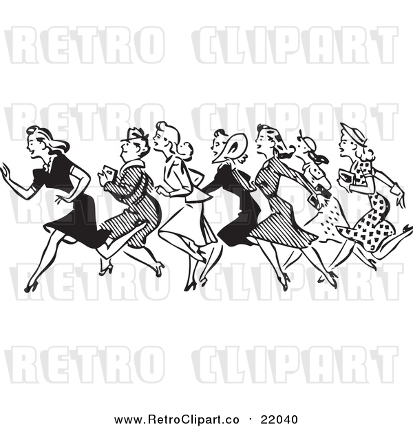 Vector Clip Art of a Retro Black and White Line of Running Shopping Women