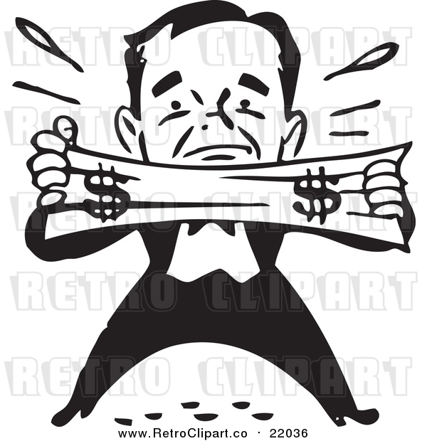 Vector Clip Art of a Retro Black and White Man Trying to Stretch a Dollar