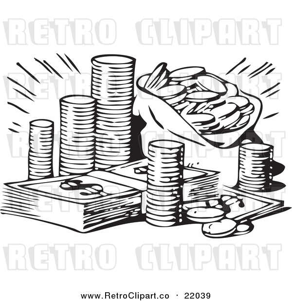 Vector Clip Art Of A Retro Black And White Stash Of Coins And Cash By