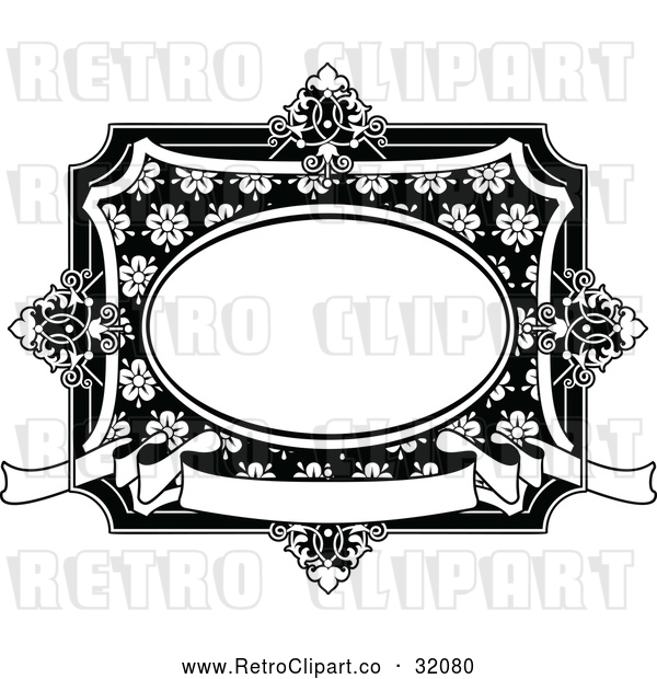 Vector Clip Art of a Retro Black and White Vintage Floral Frame