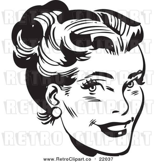 Vector Clip Art of a Retro Black and White Woman's Face with Her Hair up