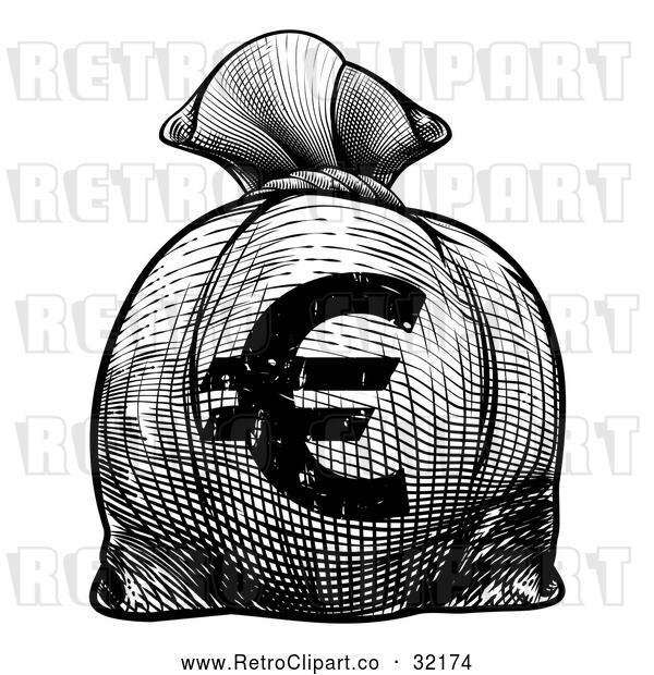 Vector Clip Art of a Retro Black Euro Burlap Money Bag Sack