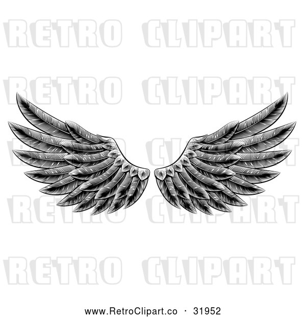 Vector Clip Art of a Retro Black Feathered Wings