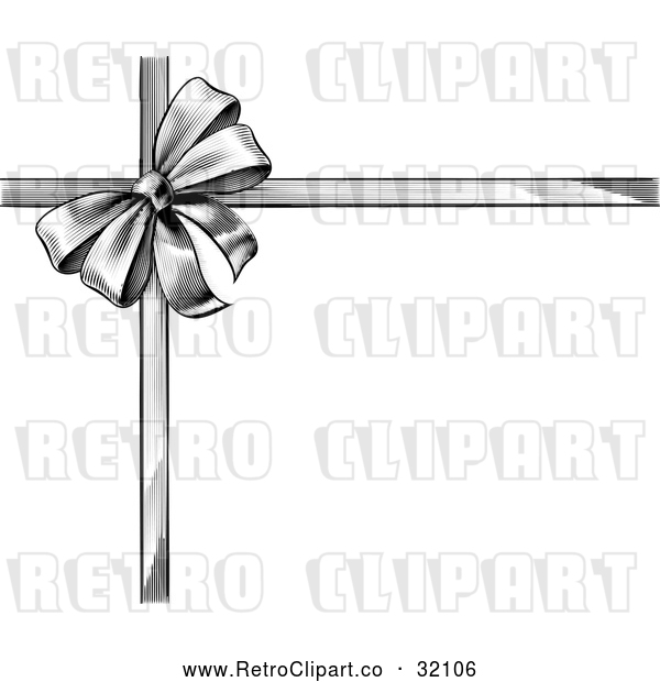 Vector Clip Art of a Retro Black Grayscale Gift Bow and Ribbons