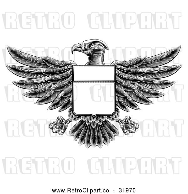 Vector Clip Art of a Retro Black Heraldic Coat of Arms American Bald Eagle with a Blank Shield Body