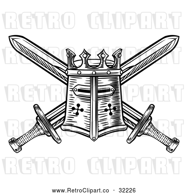 Vector Clip Art of a Retro Black Knights Great Helm Helmet and Crossed Swords