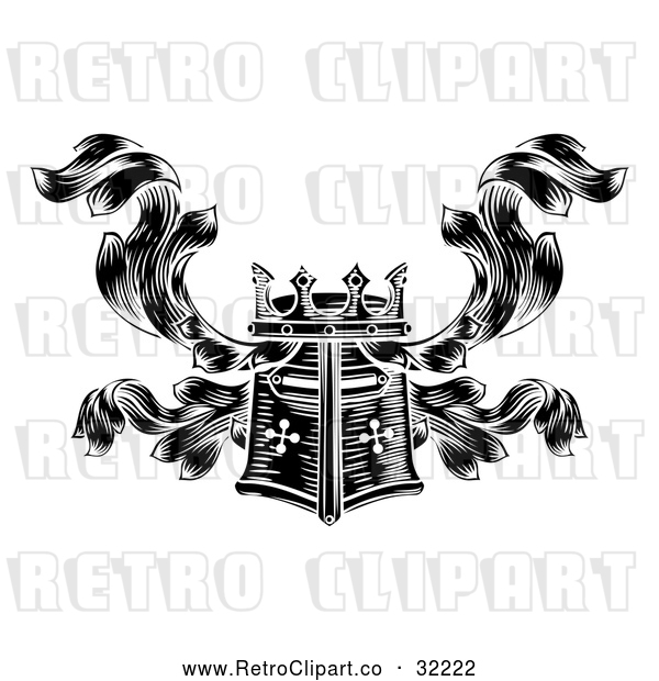 Vector Clip Art of a Retro Black Knight's Great Helm Helmet and Foliage Crest Coat of Arms