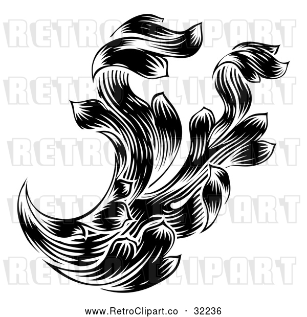 Vector Clip Art of a Retro Black Ornate Floral Design Element