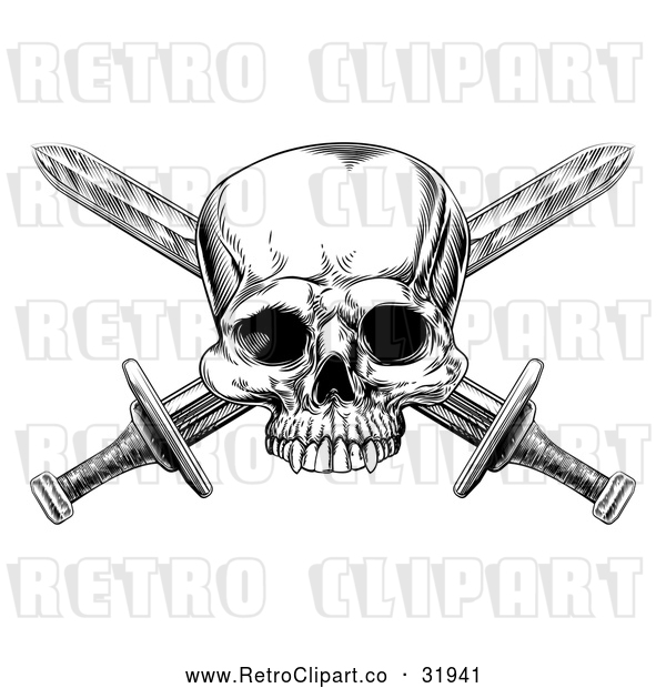 Vector Clip Art of a Retro Black Pirate Skull and Cross Swords