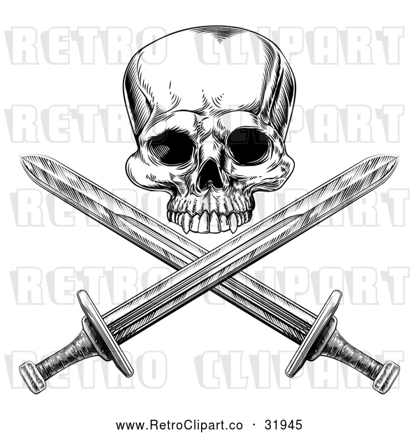 Vector Clip Art of a Retro Black Pirate Skull over Cross Swords