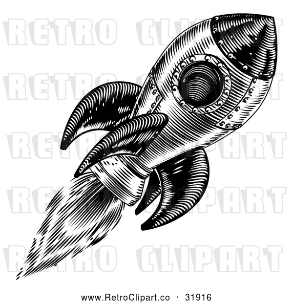 Vector Clip Art of a Retro Black Rocket in Flight