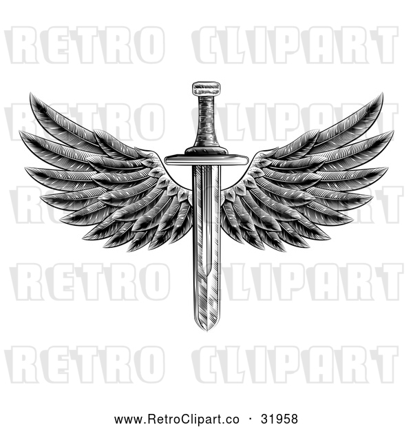 Vector Clip Art of a Retro Black Winged Sword