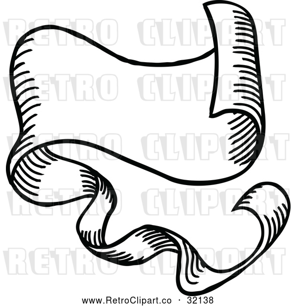 Vector Clip Art of a Retro Blank Scroll Banner in Black Lineart