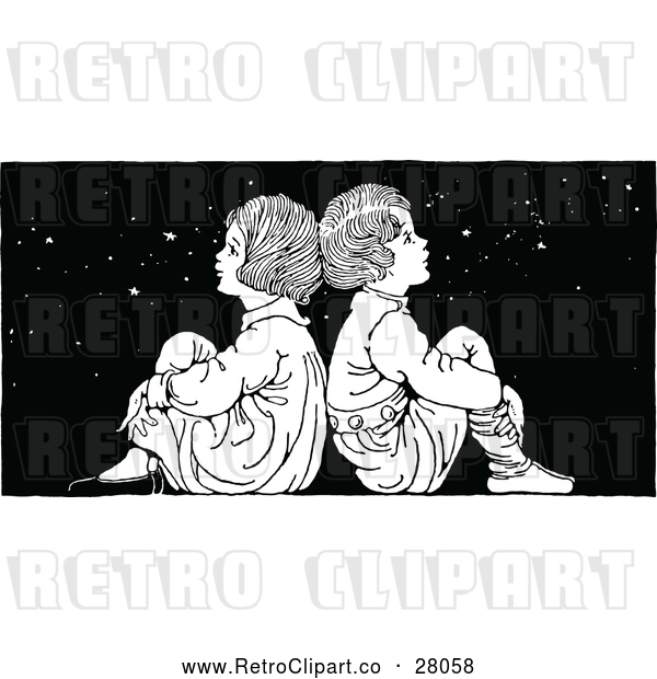 Vector Clip Art of a Retro Boy and Girl Sitting Back to Back Under Stars at Night