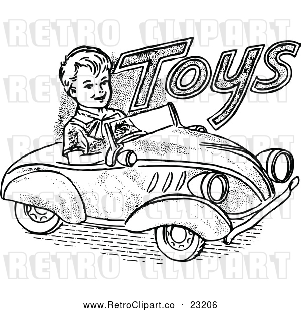 Vector Clip Art of a Retro Boy Driving a Toy Car