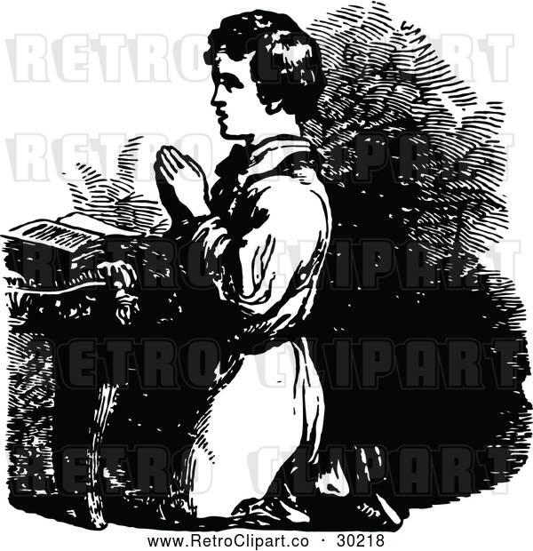 Vector Clip Art of a Retro Boy Kneeling in Prayer